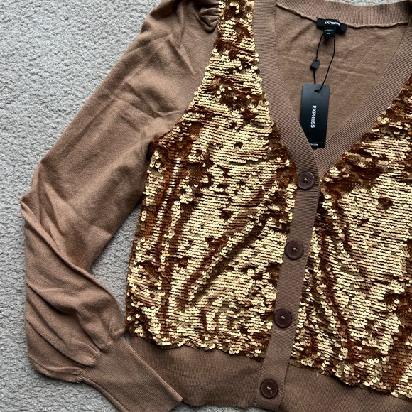 NWT Express Women's Sequin Long Sleeve Button Front Cardigan Sweater Top XS Gold - Picture 7 of 15